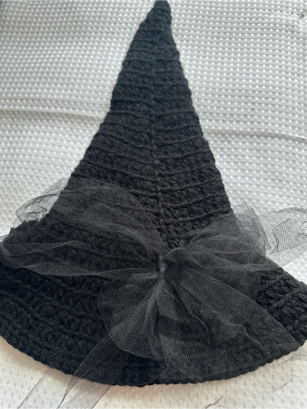 Artisan Made Crochet Black Pointed Witch Hat with Tulle/ Floral Accent - Picture 7 of 7